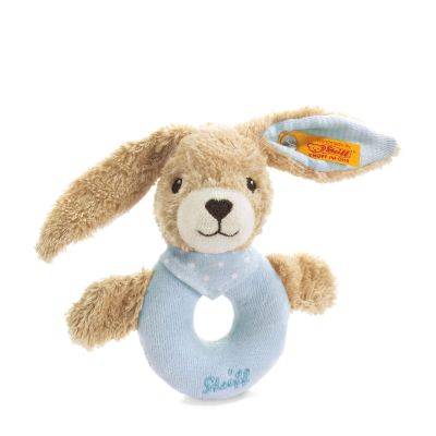 Steiff organic Hoppel Hase Greifring mit Rassel 12 cm blau mit Bio Baumwolle