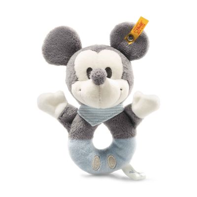 Steiff Disney Mickey Mouse Greifring mit Rassel 13 cm grau / blau 